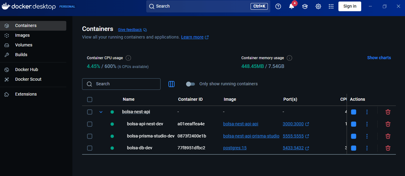 Containers rodando no Docker Desktop