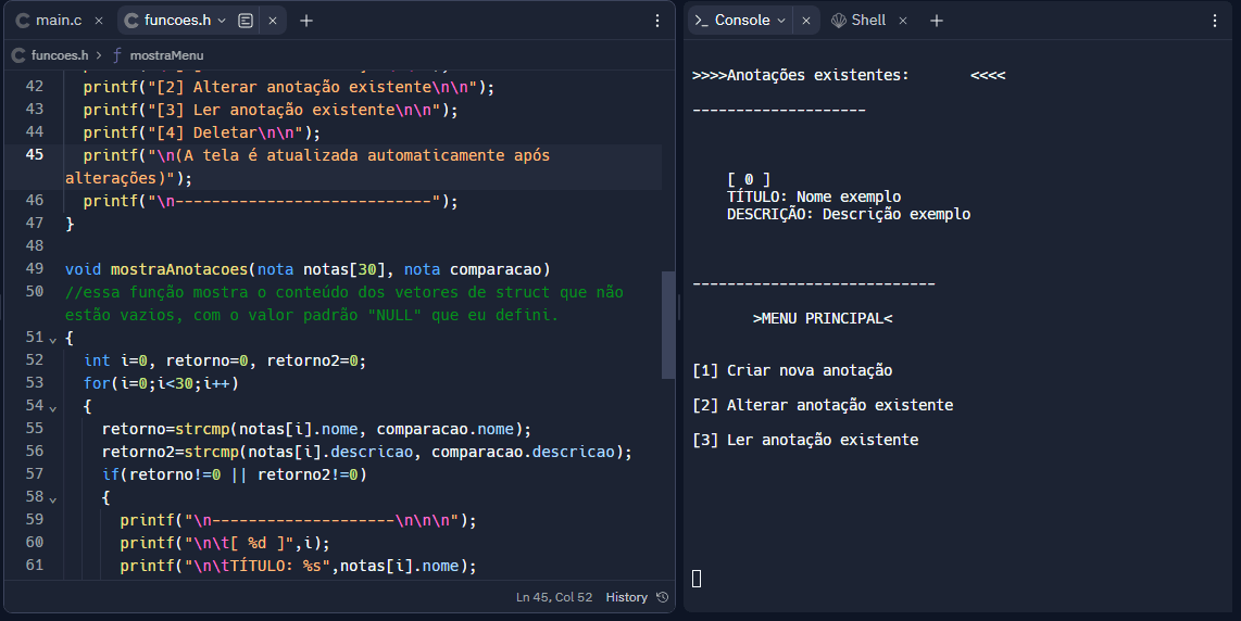 Criação e listagem de anotações no console